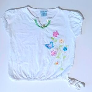 Girls' White Short Sleeve Tee with Floral Embroidery